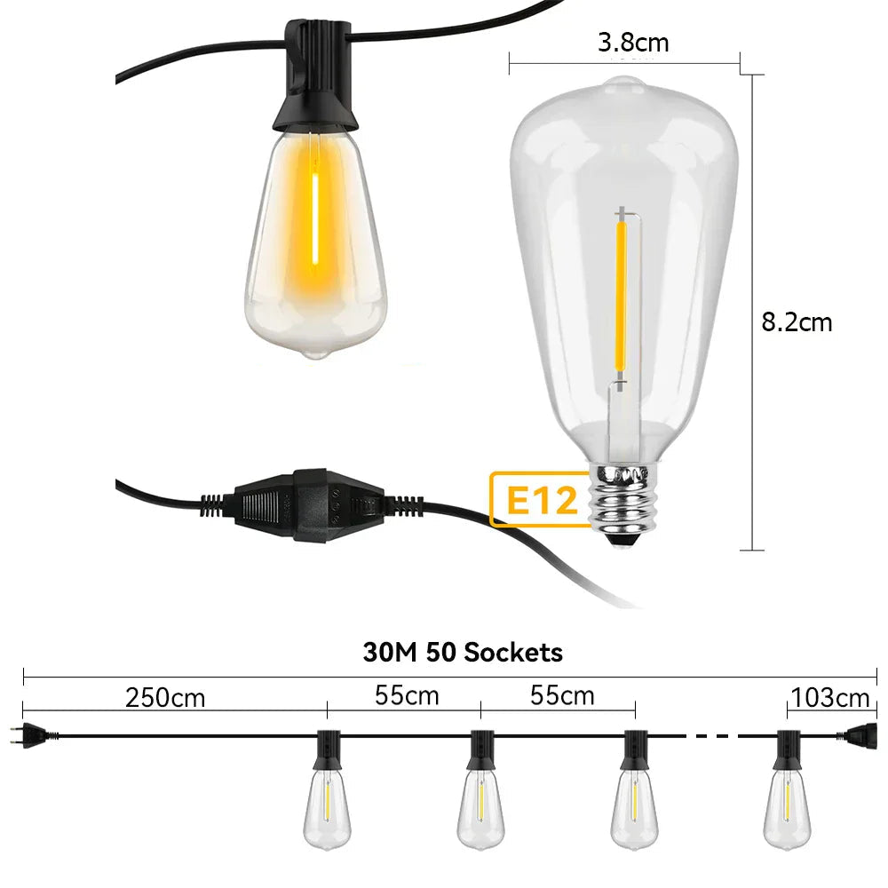 "Wetterfeste LED-Lichterkette, 15M & 30M, leuchtend im Garten bei Nacht, energieeffizient, für Außenbereich geeignet."