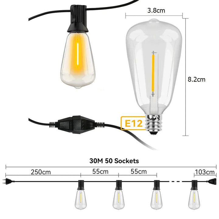 "Wetterfeste LED-Lichterkette, 15M & 30M, leuchtend im Garten bei Nacht, energieeffizient, für Außenbereich geeignet."