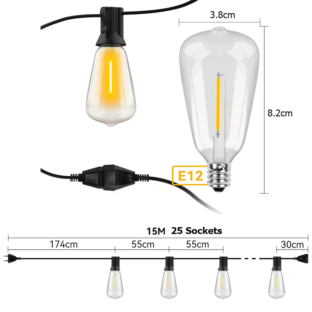 "Wetterfeste LED-Lichterkette, 15M & 30M, leuchtend im Garten bei Nacht, energieeffizient, für Außenbereich geeignet."