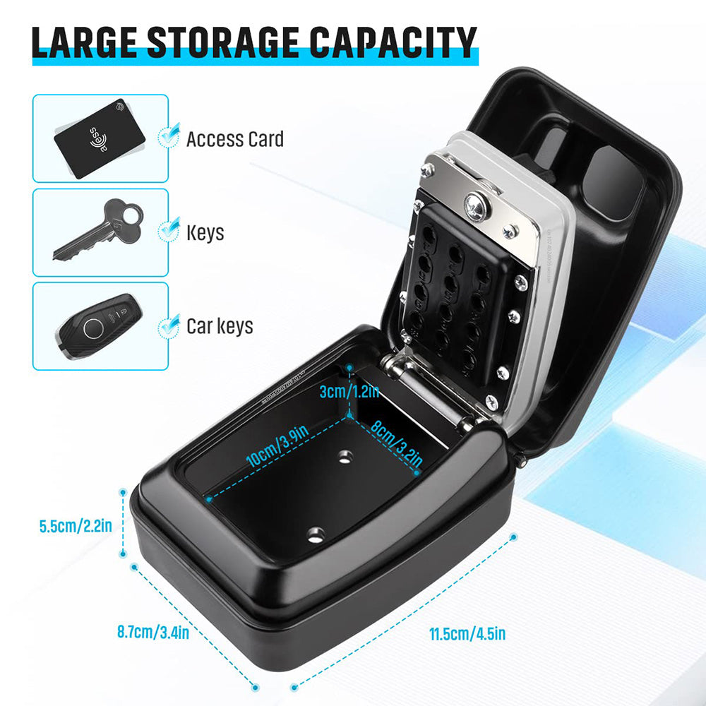 "Wetterfeste Schlüsselbox, robust, wandmontiert, grau, mit sicherem Kombinationsschloss, ideal für den Außeneinsatz."