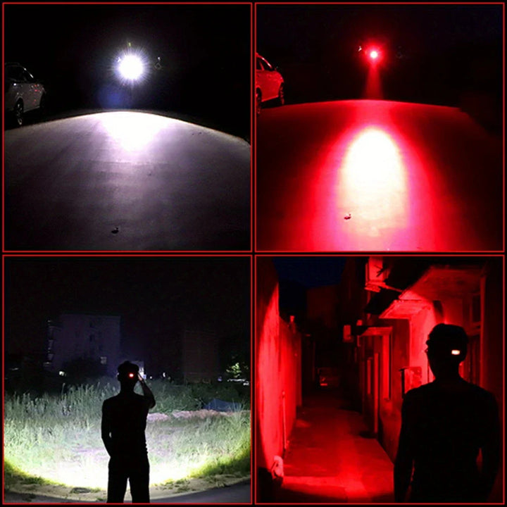 "Wiederaufladbare LED Stirnlampe mit weißem, rotem und grünem Licht, ideal für Outdoor-Abenteuer."