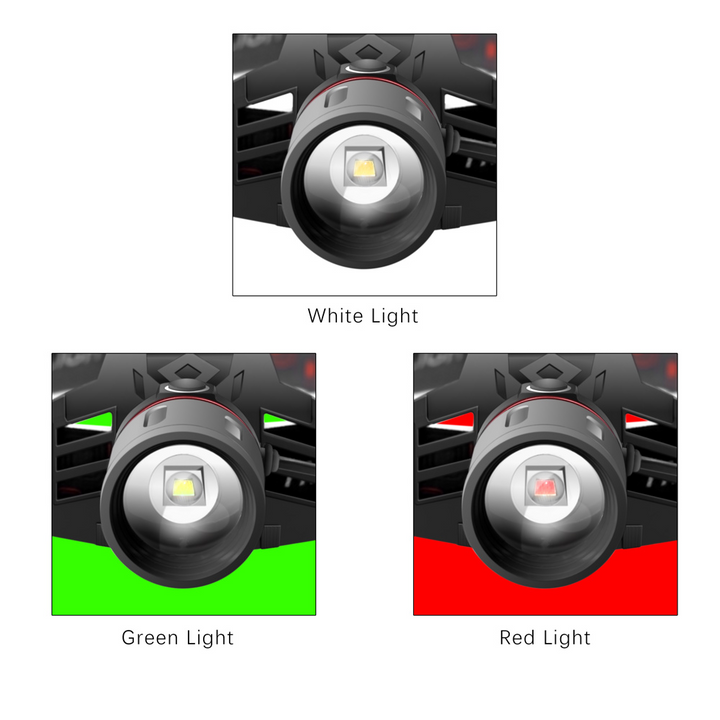"Wiederaufladbare LED Stirnlampe mit weißem, rotem und grünem Licht, ideal für Outdoor-Abenteuer."