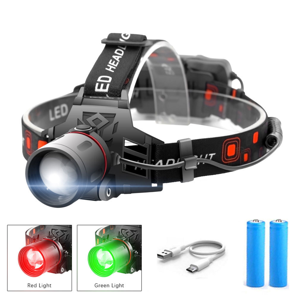 "Wiederaufladbare LED Stirnlampe mit weißem, rotem und grünem Licht, ideal für Outdoor-Abenteuer."