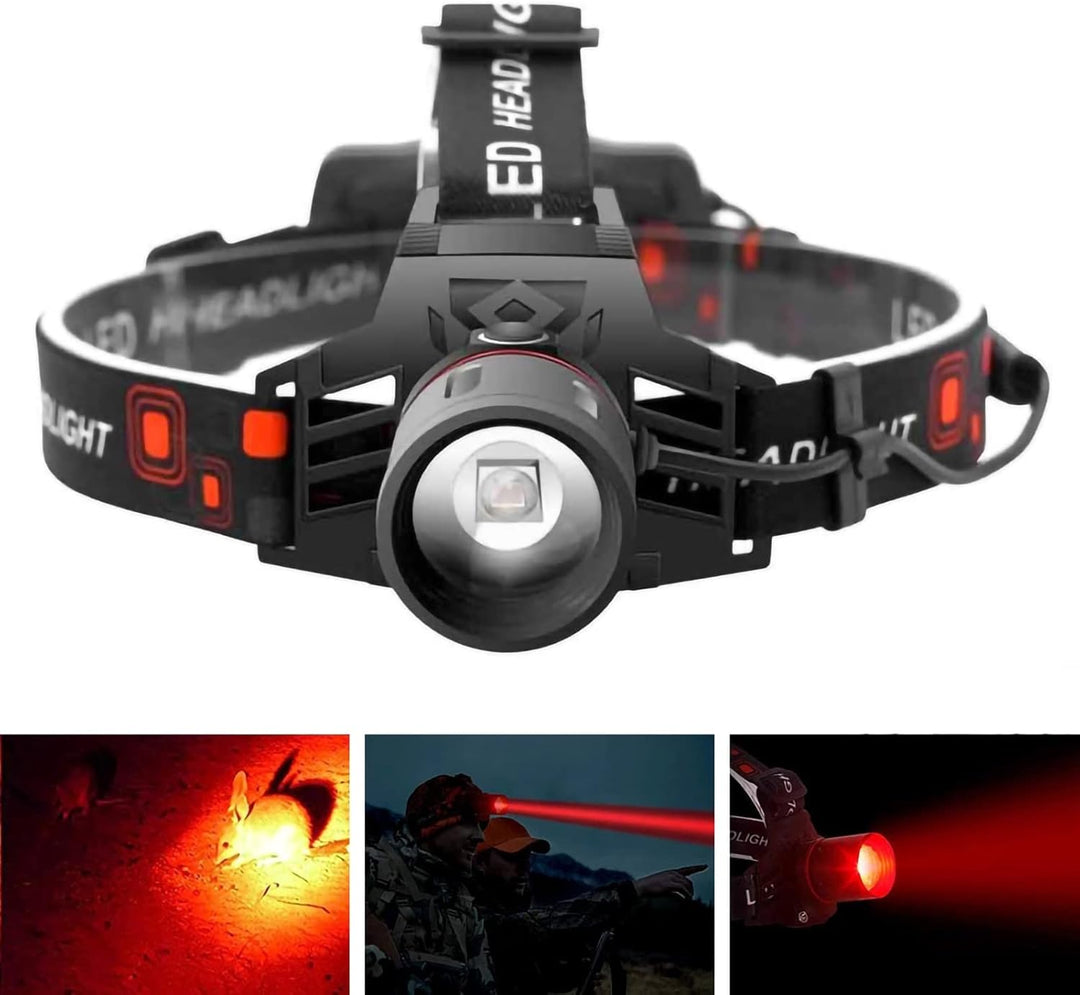 "Wiederaufladbare LED Stirnlampe mit weißem, rotem und grünem Licht, ideal für Outdoor-Abenteuer."