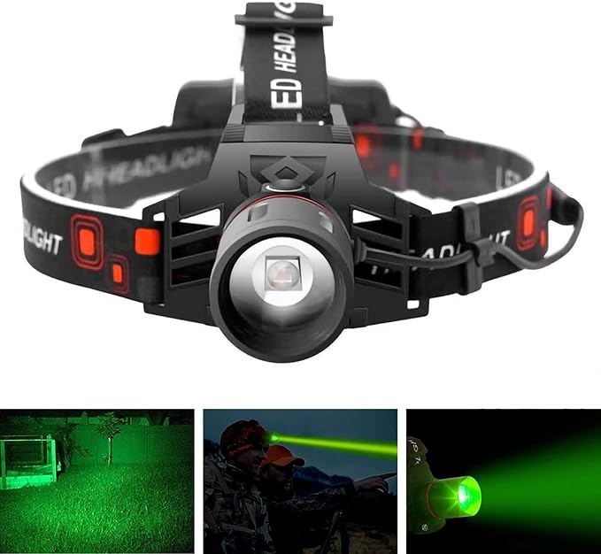 "Wiederaufladbare LED Stirnlampe mit weißem, rotem und grünem Licht, ideal für Outdoor-Abenteuer."