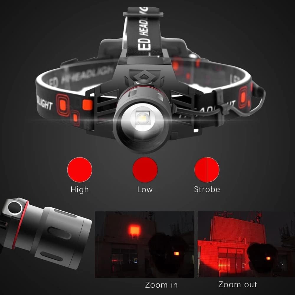"Wiederaufladbare LED Stirnlampe mit weißem, rotem und grünem Licht, ideal für Outdoor-Abenteuer."