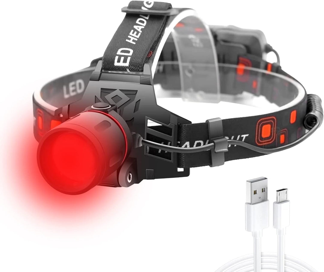 "Wiederaufladbare LED Stirnlampe mit weißem, rotem und grünem Licht, ideal für Outdoor-Abenteuer."