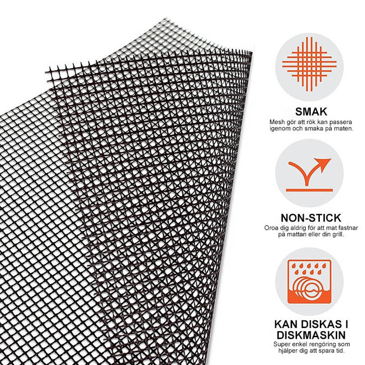 "Wiederverwendbare Grillmatte aus hitzebeständigem Netz zum sauberen und einfachen Grillen, schützend und flexibel."