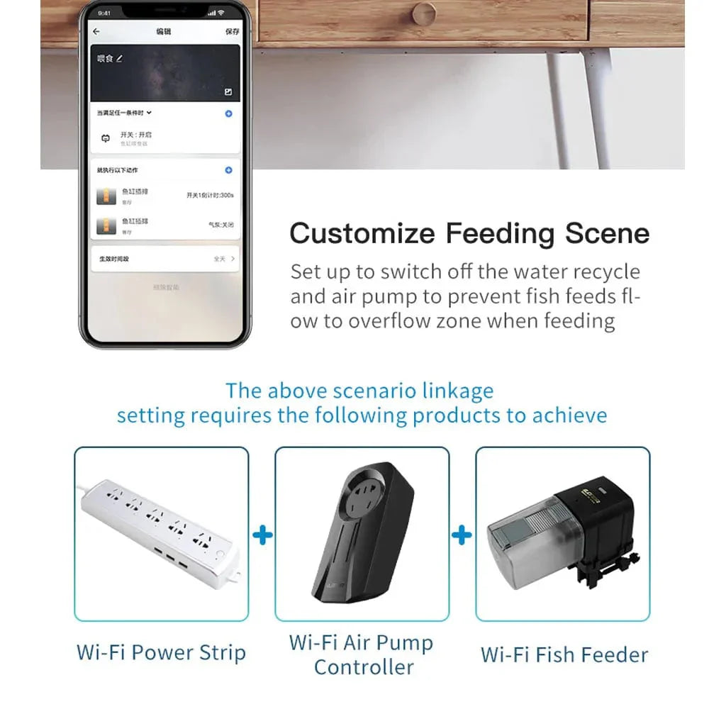 "WiFi-Aquarium-Futterspender mit transparenter Vorratskammer, Alexa und App-gesteuert, kompakt und modern"