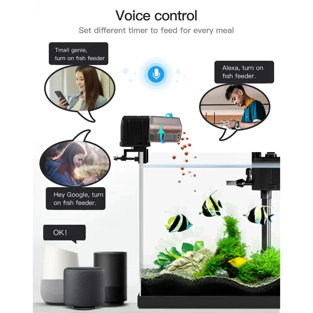"WiFi-Aquarium-Futterspender mit transparenter Vorratskammer, Alexa und App-gesteuert, kompakt und modern"