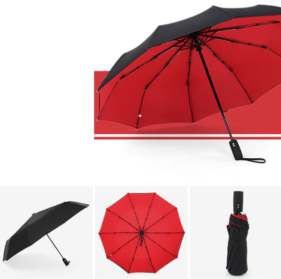 "Winddichter Sturmregenschirm in Rot, robustes Design für Damen, hält starkem Wind stand, handlich und kompakt."