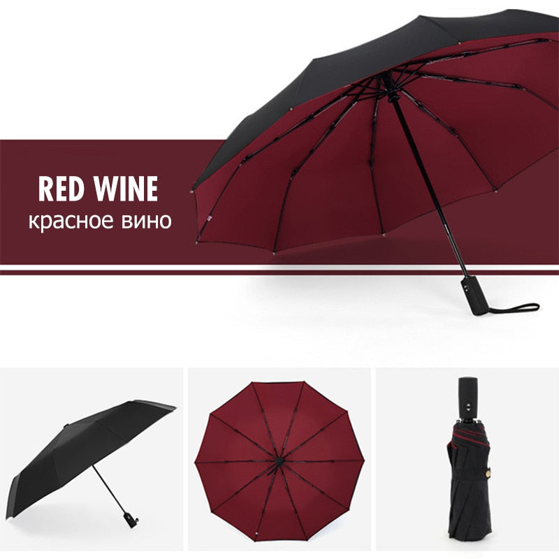"Winddichter Sturmregenschirm in Rot, robustes Design für Damen, hält starkem Wind stand, handlich und kompakt."