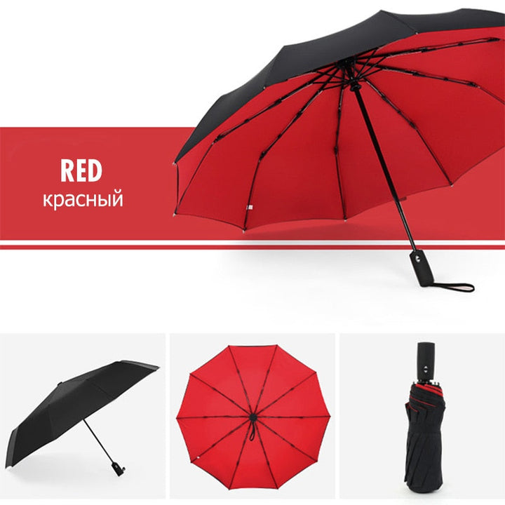 "Winddichter Sturmregenschirm in Rot, robustes Design für Damen, hält starkem Wind stand, handlich und kompakt."
