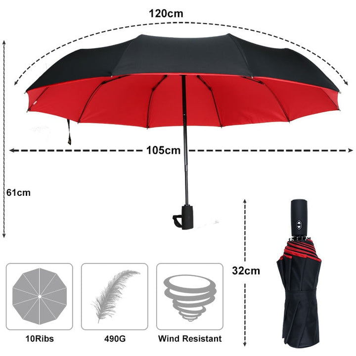 "Winddichter Sturmregenschirm in Rot, robustes Design für Damen, hält starkem Wind stand, handlich und kompakt."