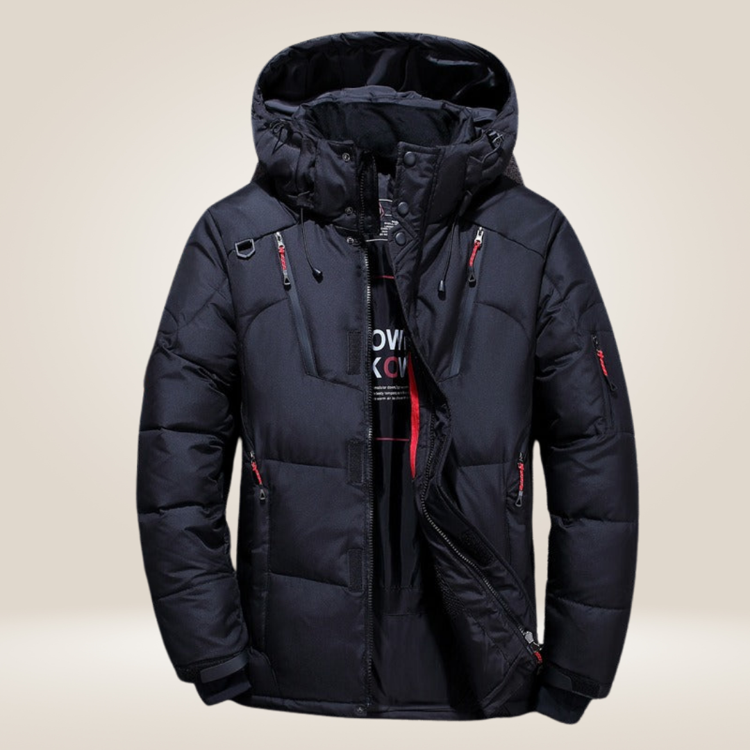 Winterjacke in Rot, wind- und wasserabweisend, mit Daunenfutter, stilvoller Schutz für kalte Tage, Herrenmantel.