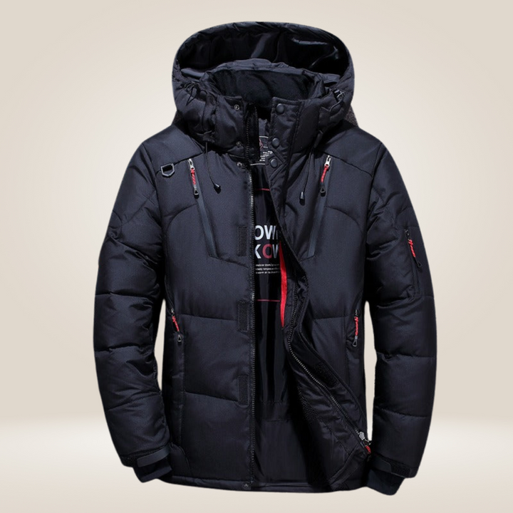 Winterjacke in Rot, wind- und wasserabweisend, mit Daunenfutter, stilvoller Schutz für kalte Tage, Herrenmantel.