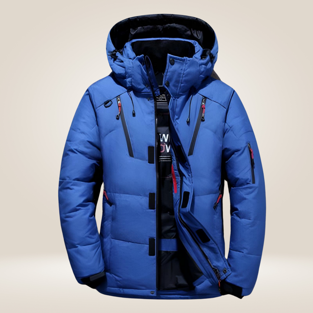 Winterjacke in Rot, wind- und wasserabweisend, mit Daunenfutter, stilvoller Schutz für kalte Tage, Herrenmantel.