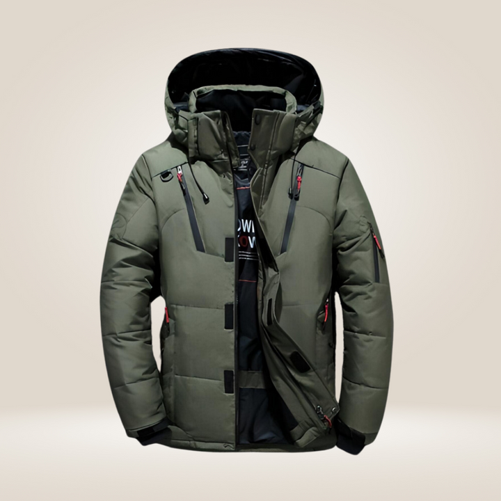 Winterjacke in Rot, wind- und wasserabweisend, mit Daunenfutter, stilvoller Schutz für kalte Tage, Herrenmantel.