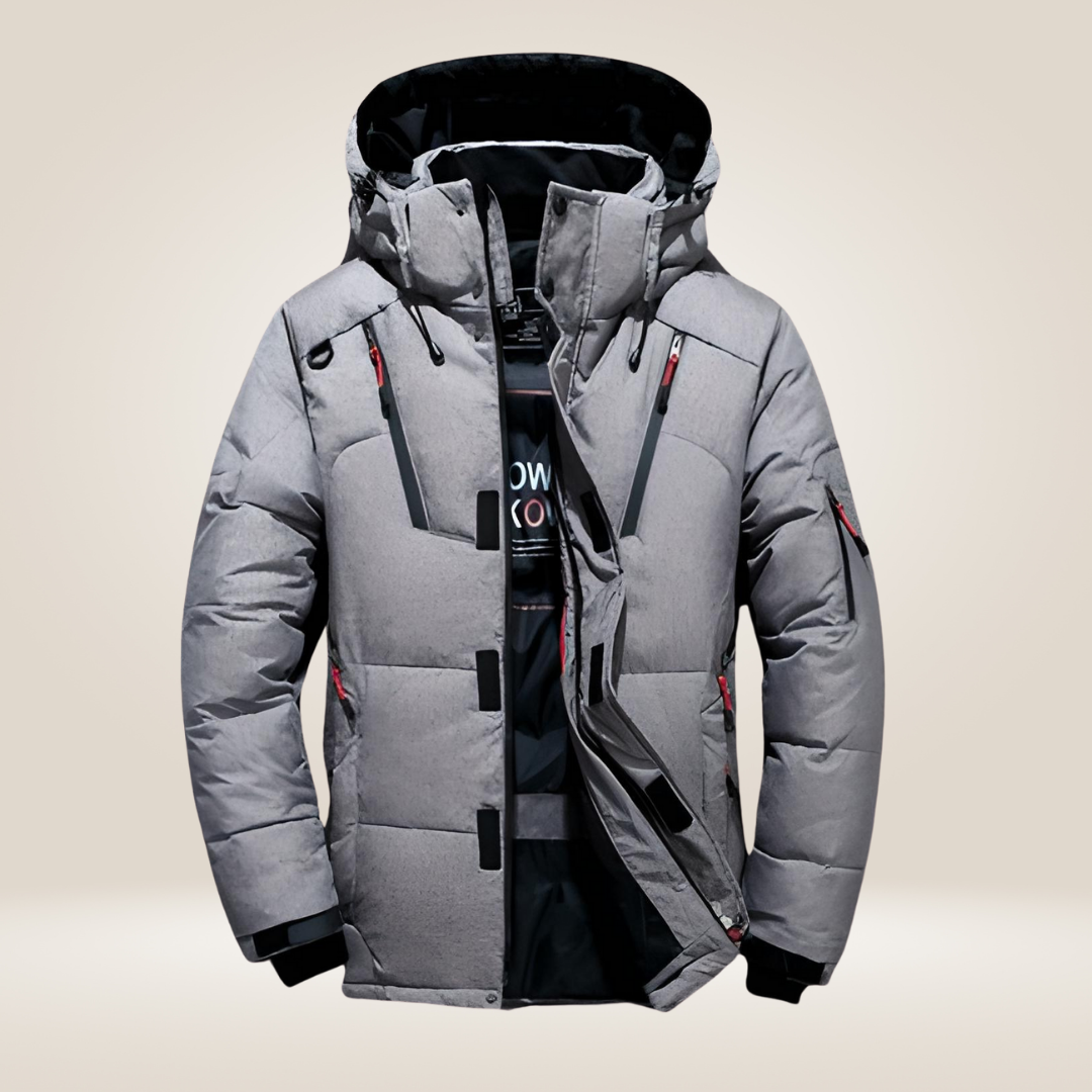 Winterjacke in Rot, wind- und wasserabweisend, mit Daunenfutter, stilvoller Schutz für kalte Tage, Herrenmantel.