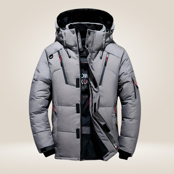 Winterjacke in Rot, wind- und wasserabweisend, mit Daunenfutter, stilvoller Schutz für kalte Tage, Herrenmantel.