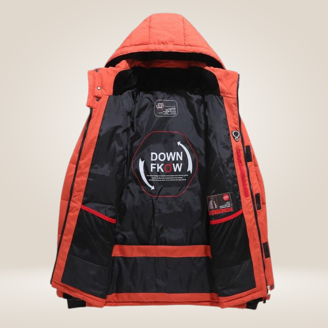 Winterjacke in Rot, wind- und wasserabweisend, mit Daunenfutter, stilvoller Schutz für kalte Tage, Herrenmantel.