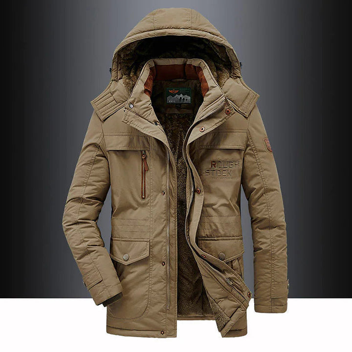 "Wintermantel mit Kapuze, mittlere Länge, pelzverzierte Kapuze, winddicht, ideal für Outdoor- und berufliche Anlässe."