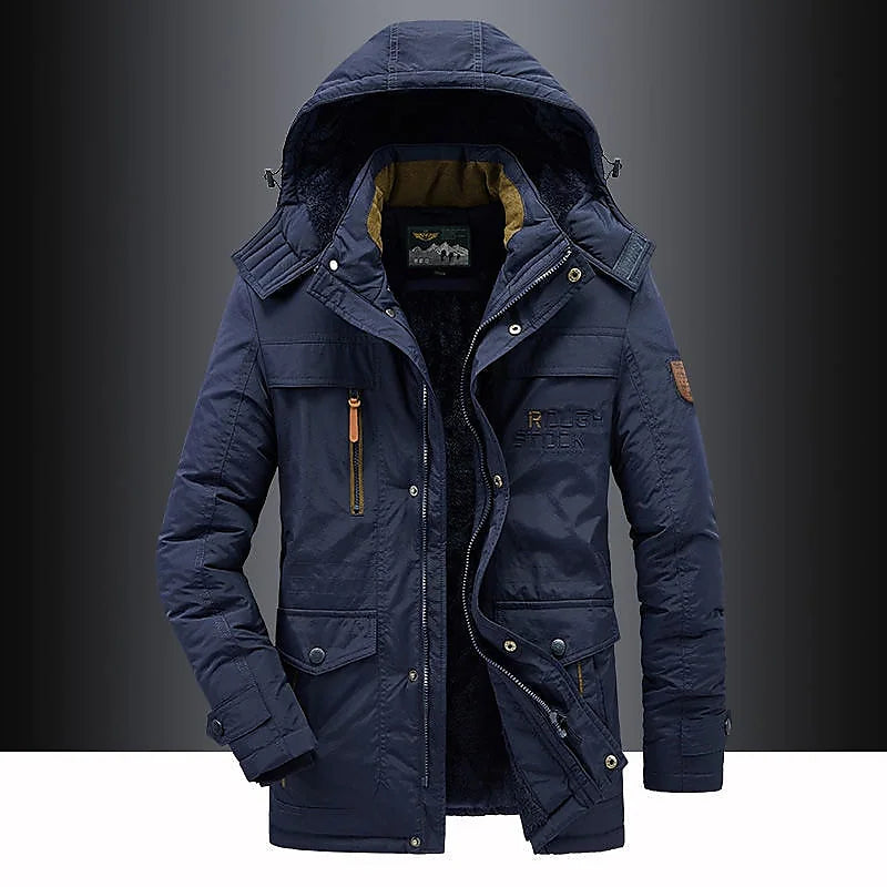"Wintermantel mit Kapuze, mittlere Länge, pelzverzierte Kapuze, winddicht, ideal für Outdoor- und berufliche Anlässe."