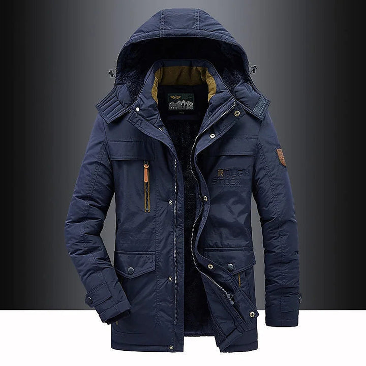 "Wintermantel mit Kapuze, mittlere Länge, pelzverzierte Kapuze, winddicht, ideal für Outdoor- und berufliche Anlässe."
