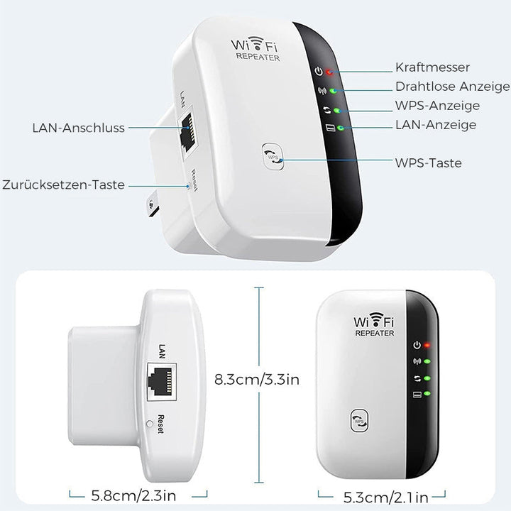 "WLAN Signalverstärker, kompakt, mit hoher Reichweite und Geschwindigkeit, ideal für Zuhause oder Büro, optimiertes WLAN"
