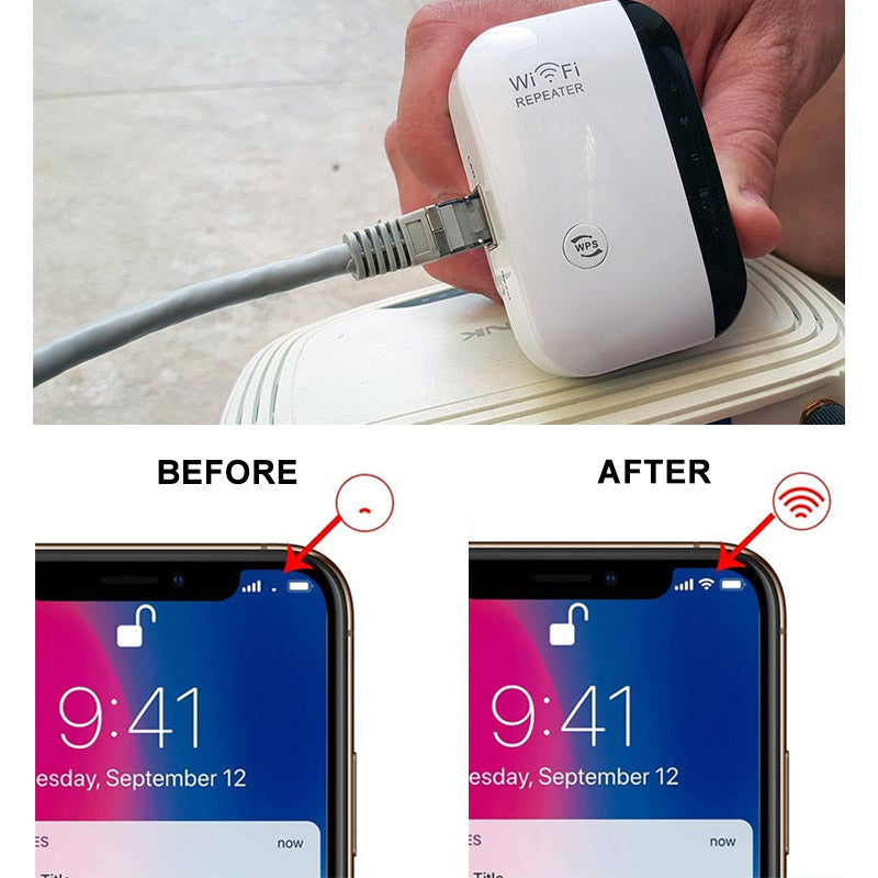 "WLAN-Signalverstärker mit Antennen für verbesserte WiFi-Reichweite, geeignet für Zuhause oder Büro, einfache Installation."