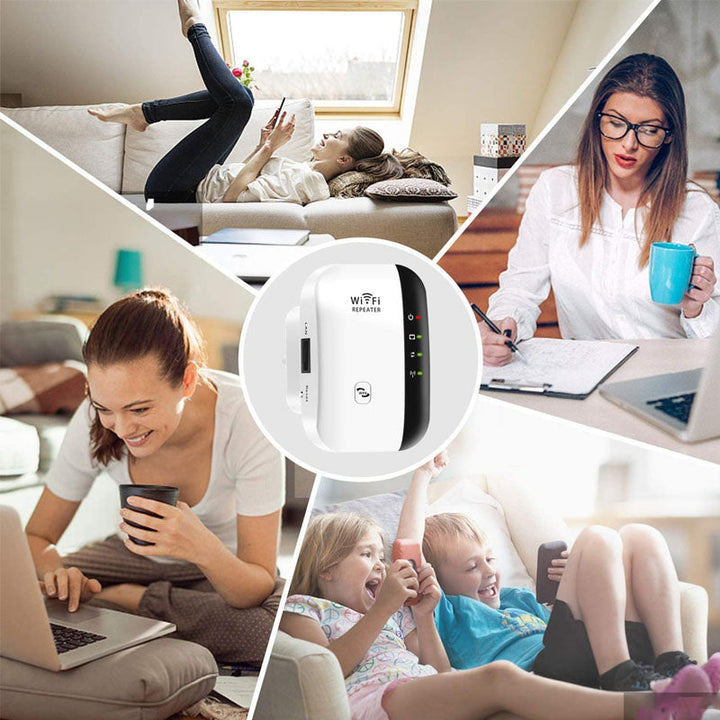 "WLAN-Signalverstärker mit Antennen für verbesserte WiFi-Reichweite, geeignet für Zuhause oder Büro, einfache Installation."