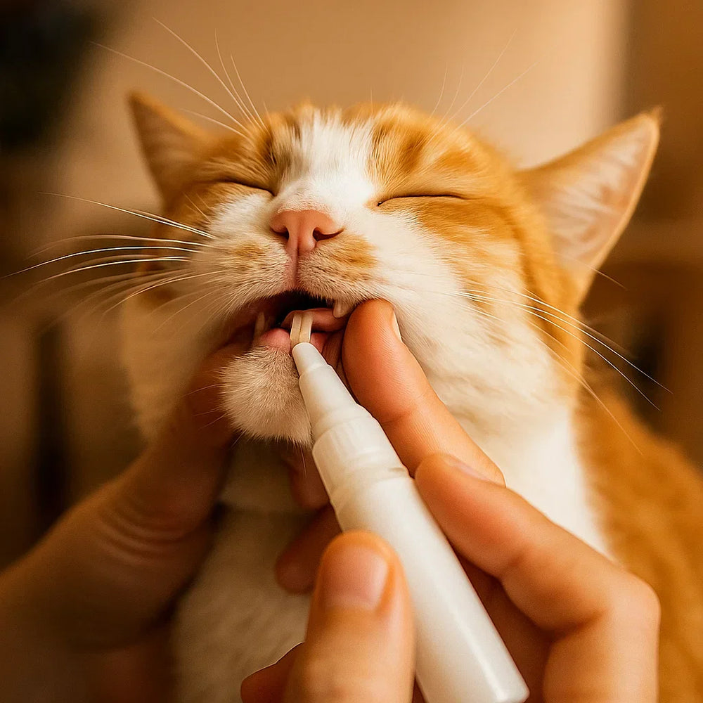 "Zahnpflege Stift für Katzen, reduziert Plaque, sanfte Anwendung, natürliche Inhaltsstoffe, optimiert Mundhygiene."