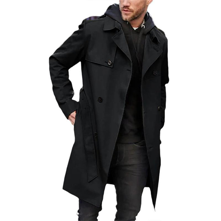 "Zweireihiger Herren-Trenchcoat in Braun mit Reverskragen, elegantes Design für formelle und lässige Anlässe"