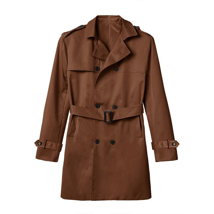 "Zweireihiger Herren-Trenchcoat in Braun mit Reverskragen, elegantes Design für formelle und lässige Anlässe"