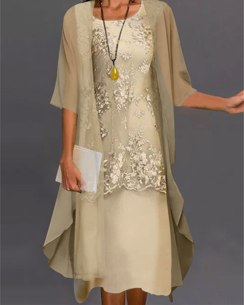 Zweiteiliges Chiffonkleid Damen, elegantes uni Design, Rundhalsausschnitt, schmeichelhafte Passform, raffinierte Details.