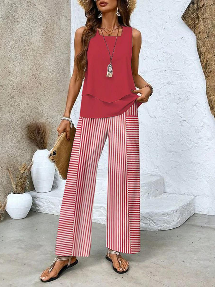Zweiteiliges Damen-Set: Ärmelloses Top & gerade Hose in Beige, schlanke Passform, stilvoll für jeden Anlass, atmungsaktiv.