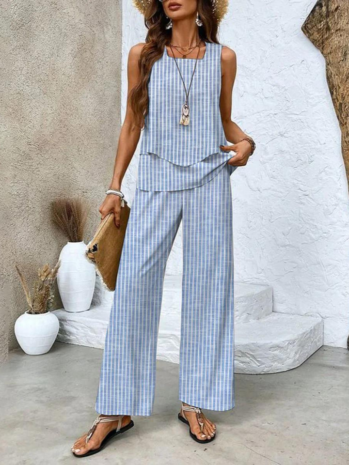 Zweiteiliges Damen-Set: Ärmelloses Top & gerade Hose in Beige, schlanke Passform, stilvoll für jeden Anlass, atmungsaktiv.