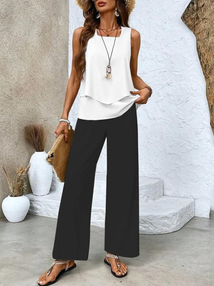 Zweiteiliges Damen-Set: Ärmelloses Top & gerade Hose in Beige, schlanke Passform, stilvoll für jeden Anlass, atmungsaktiv.