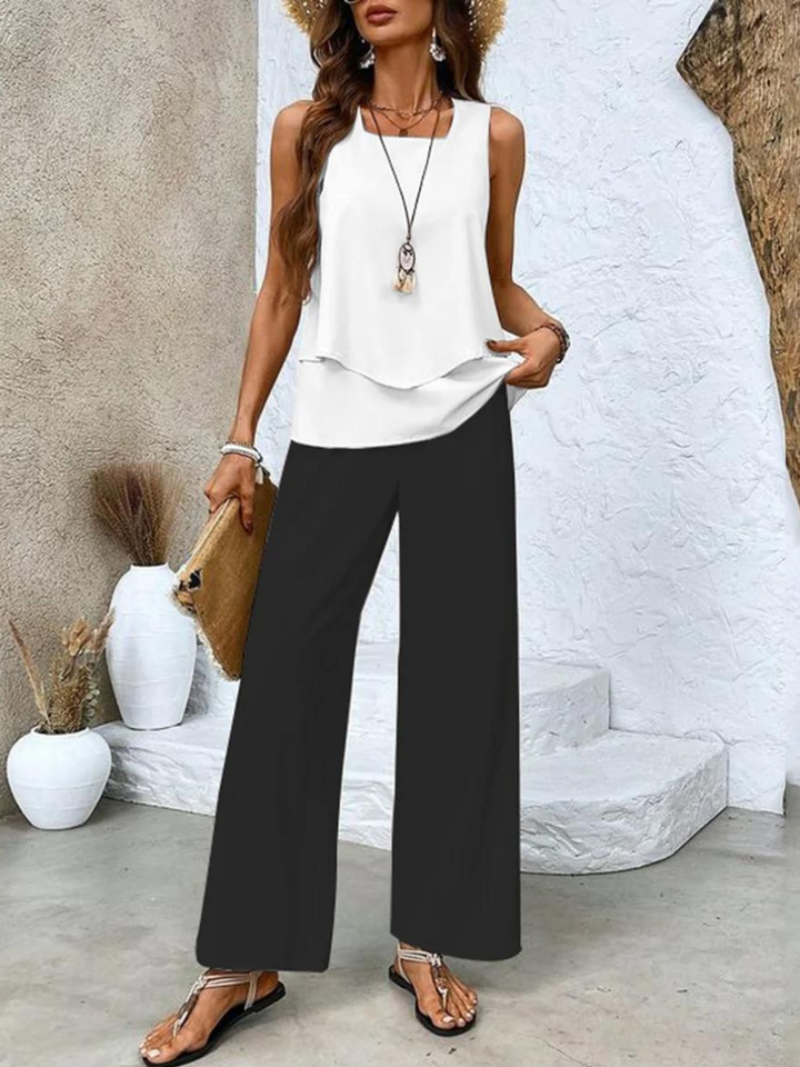 Zweiteiliges Damen-Set: Ärmelloses Top & gerade Hose in Beige, schlanke Passform, stilvoll für jeden Anlass, atmungsaktiv.