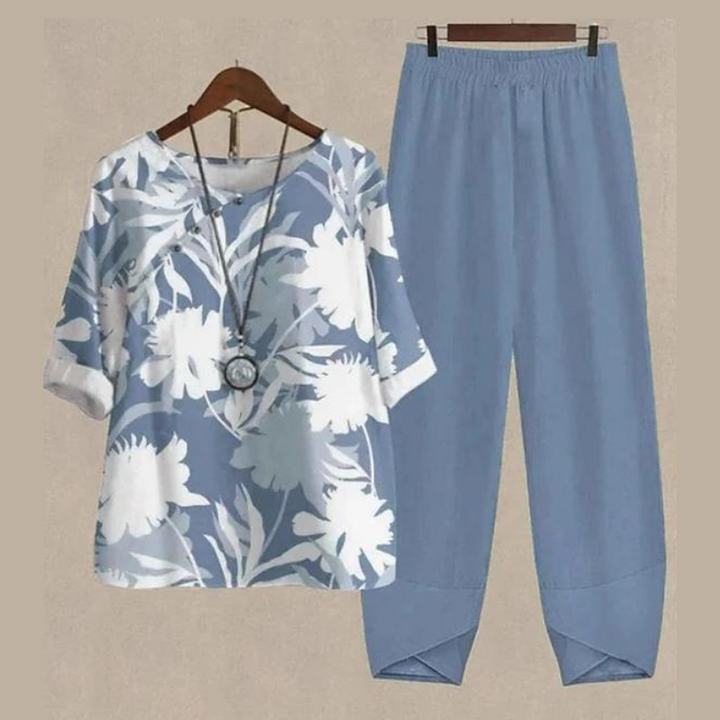 "Zweiteiliges Damen Sommer-Set mit weich fallendem Oberteil und schmeichelhaften Hosen in verschiedenen Farben"