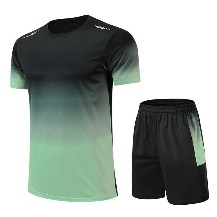 "Zweiteiliges Sportset mit modernem Farbverlauf, bestehend aus Kurzarmshirt und Shorts mit elastischem Bund, in Blau"